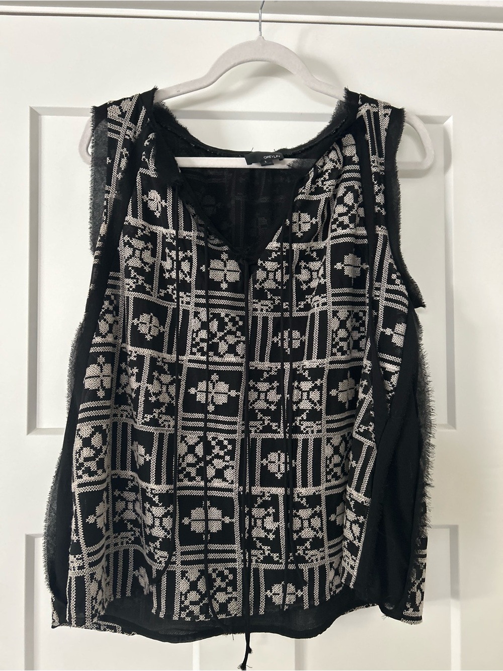 Greylin Black and Cream Patterned Sleeveless V-Neck Tank
